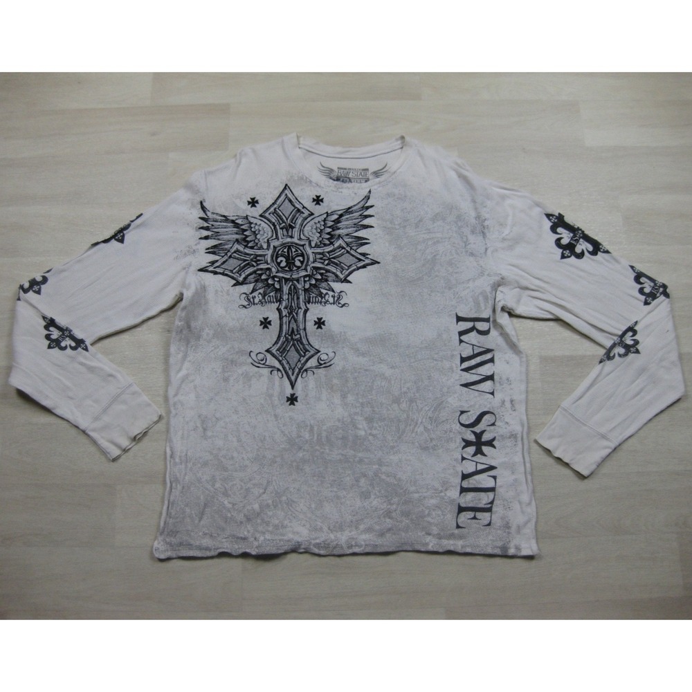 Vintage Y2K Raw State Thermal Long Sleeve Shirt Men's (XL) Bikercore Cross Wings